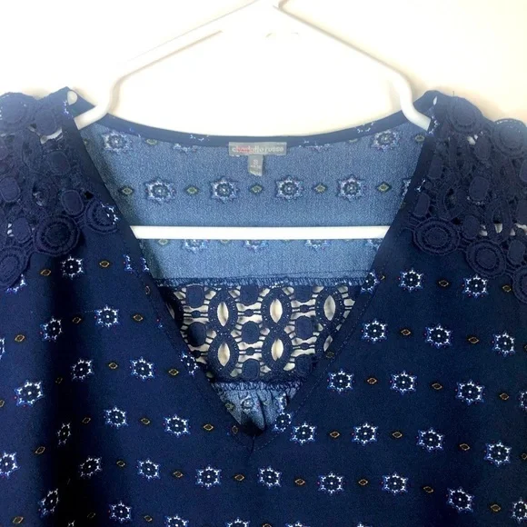 Charlotte Russe navy blue pattern cut lace detail v neck long sleeve top S - Picture 2 of 9